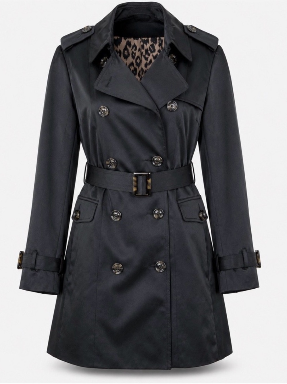 Joan Rivers Black Double-Breasted Trench with Leopard Lining